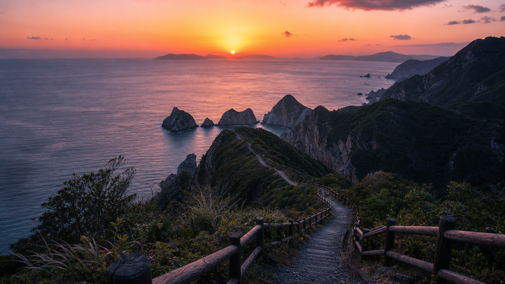 夕日に染まる海岸線と岬の遊歩道