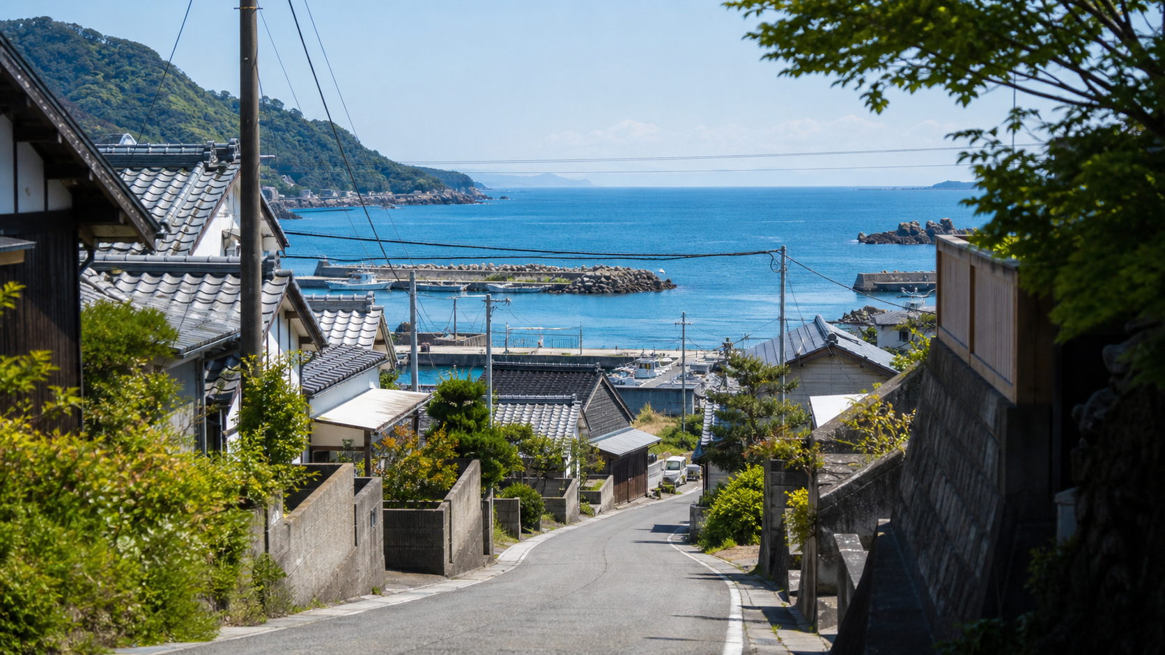 坂道の先に海が広がる瀬戸内の港町