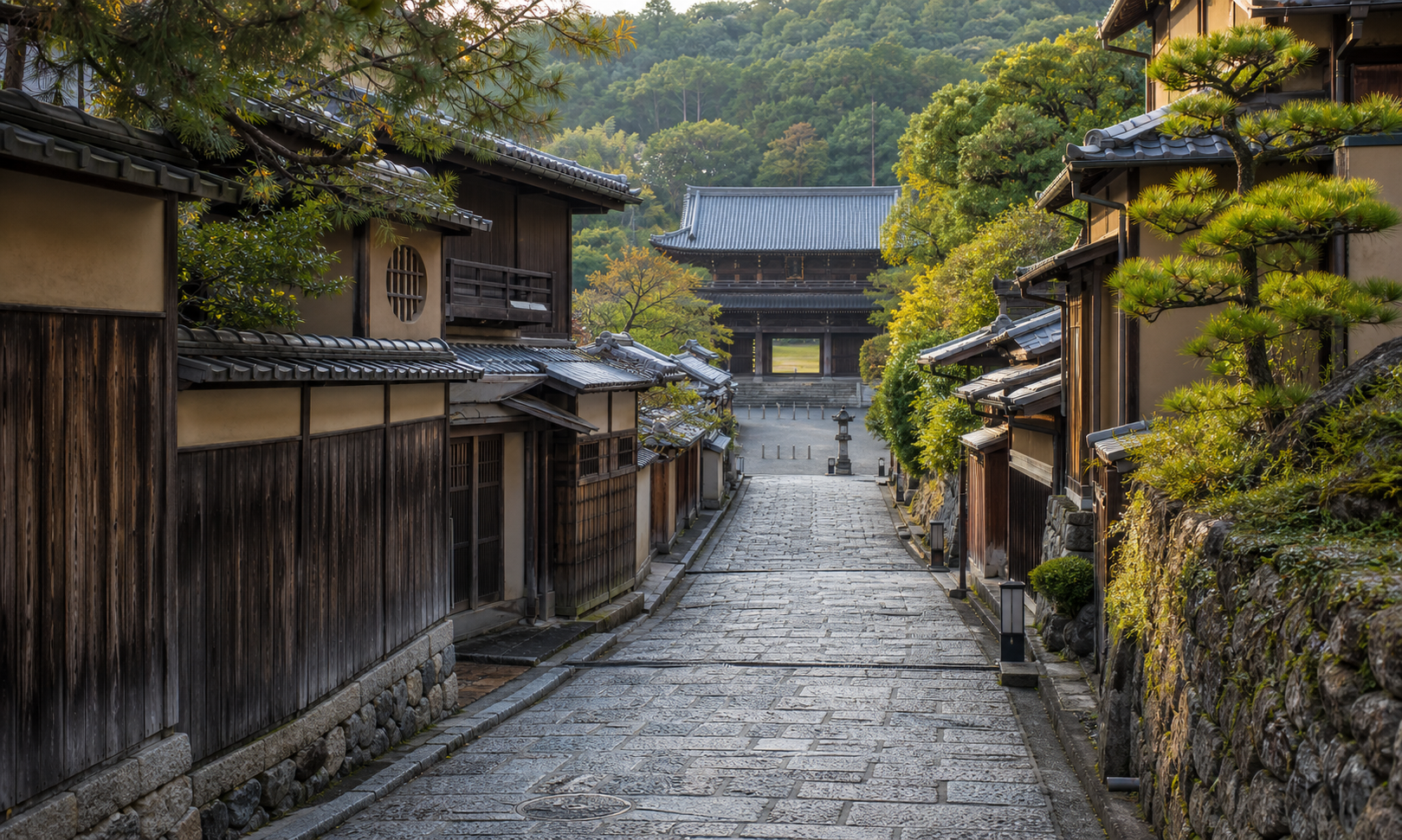 朝の京都の石畳と町家
