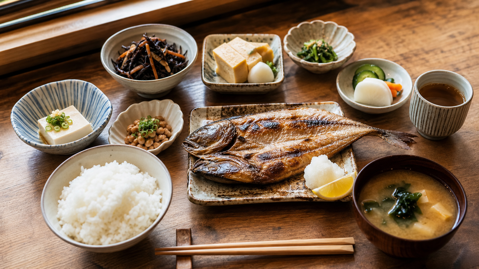 焼き魚と小鉢が並ぶ港町の朝ごはん