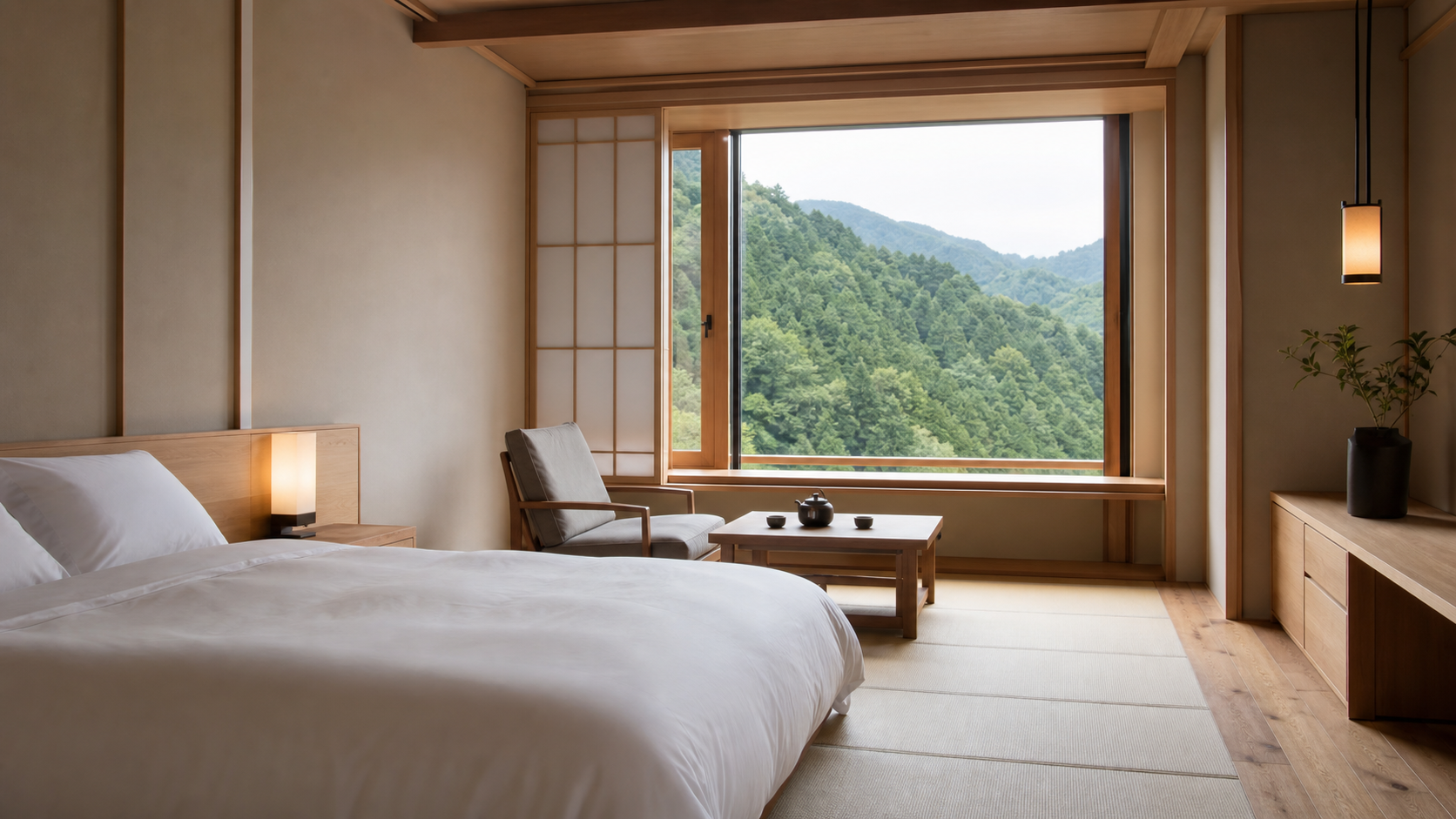 山を望む静かなホテルの客室