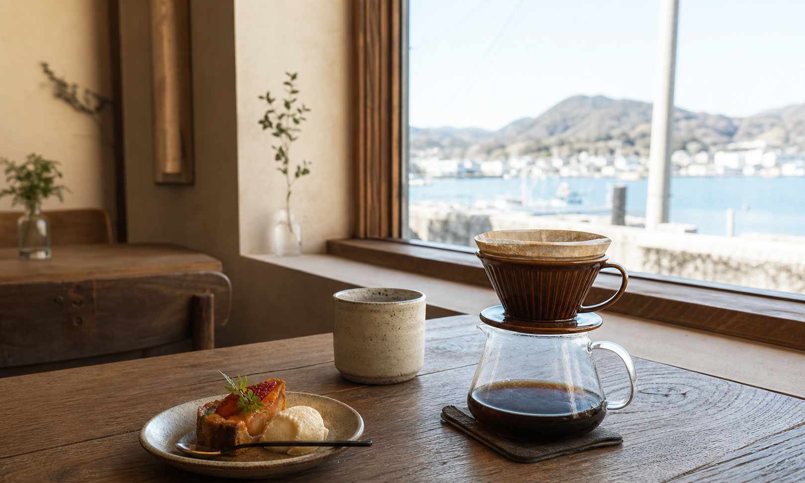 港を望むカフェのコーヒーと季節のデザート